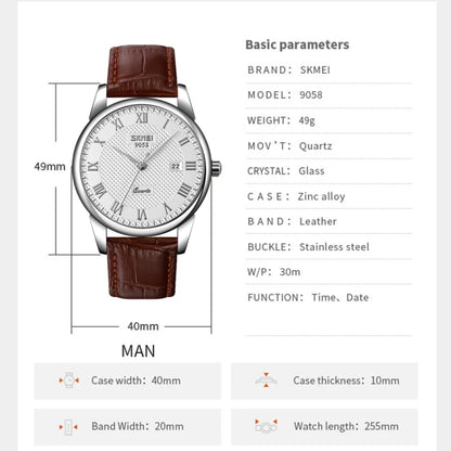 SKMEI 9058 Multifunctional Outdoor Fashion Waterproof Silver Shell Quartz Wrist Watch (Men Style Silver Face Brown Strap) - Leather Strap Watches by SKMEI | Online Shopping UK | buy2fix