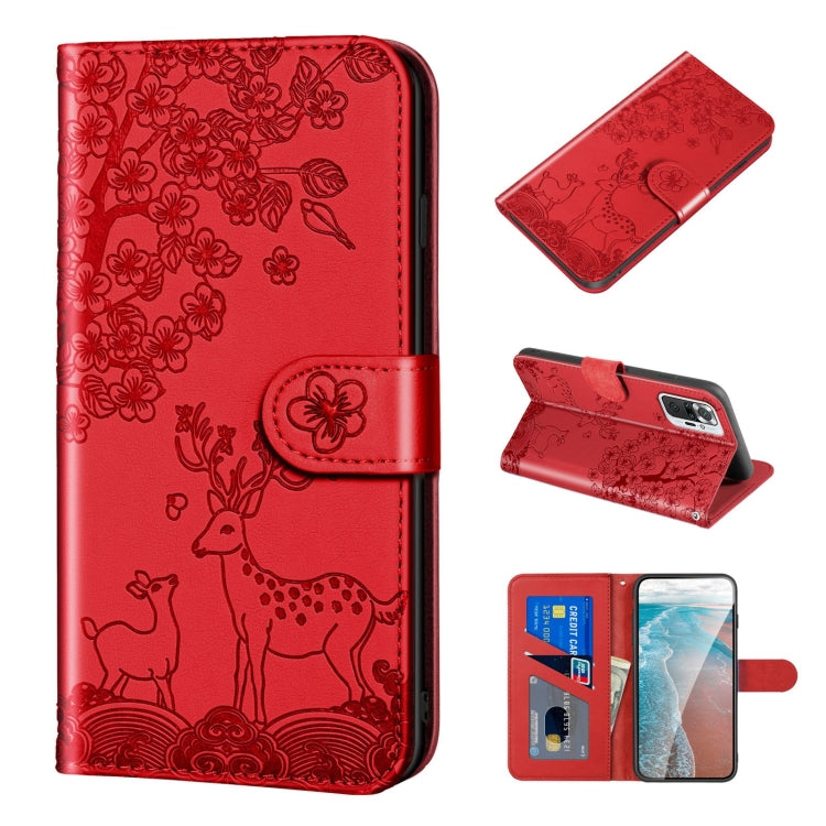 For Xiaomi Redmi Note 10 Pro Sika Deer Embossing Pattern Horizontal Flip PU Leather Case with Holder & Card Slot & Wallet & Photo Frame(Red) - Xiaomi Cases by buy2fix | Online Shopping UK | buy2fix