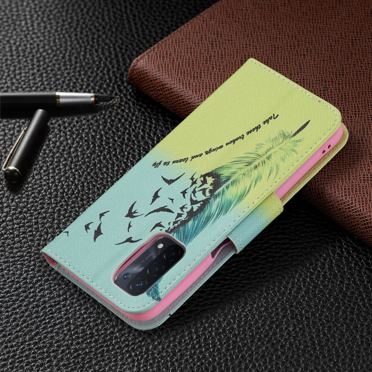 For OPPO A74 / A93 / A54 5G Colored Drawing Pattern Horizontal Flip Leather Case with Holder & Card Slots & Wallet(Feather) - OPPO Cases by buy2fix | Online Shopping UK | buy2fix