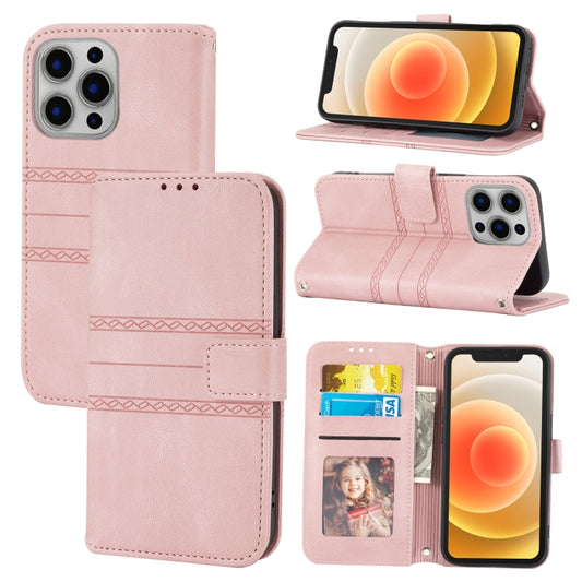 For iPhone 13 Pro Max Embossed Striped Magnetic Buckle PU + TPU Horizontal Flip Leather Case with Holder & Card Slot & Wallet & Photo Frame & Sling (Pink) - iPhone 13 Pro Max Cases by buy2fix | Online Shopping UK | buy2fix