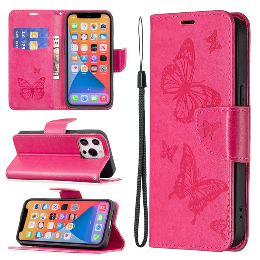 For iPhone 13 mini Embossing Two Butterflies Pattern Horizontal Flip PU Leather Case with Holder & Card Slot & Wallet & Lanyard (Rose Red) - iPhone 13 mini Cases by buy2fix | Online Shopping UK | buy2fix