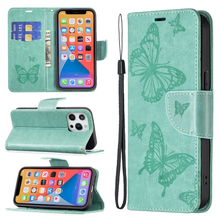 For iPhone 13 Pro Embossing Two Butterflies Pattern Horizontal Flip PU Leather Case with Holder & Card Slot & Wallet & Lanyard (Green) - iPhone 13 Pro Cases by buy2fix | Online Shopping UK | buy2fix