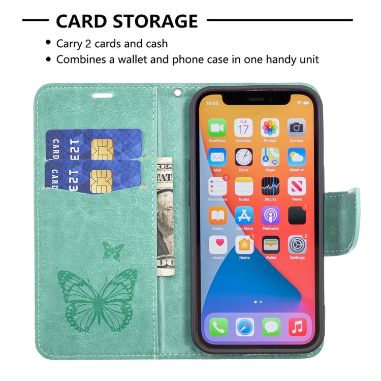 For iPhone 13 Pro Embossing Two Butterflies Pattern Horizontal Flip PU Leather Case with Holder & Card Slot & Wallet & Lanyard (Green) - iPhone 13 Pro Cases by buy2fix | Online Shopping UK | buy2fix