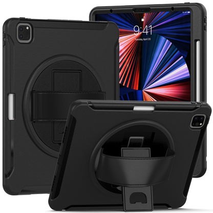 For iPad Pro 12.9 2022 / 2021 360 Degree Rotation PC + TPU Protective Tablet Case with Holder & Hand-strap(Black) - iPad Pro 12.9 (2022/2021) Cases by buy2fix | Online Shopping UK | buy2fix