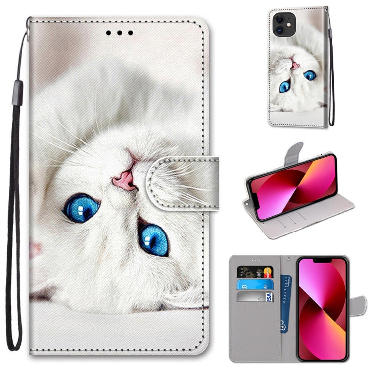 For iPhone 13 Coloured Drawing Cross Texture Horizontal Flip PU Leather Case with Holder & Card Slots & Wallet & Lanyard(White Kitten) - iPhone 13 Cases by buy2fix | Online Shopping UK | buy2fix