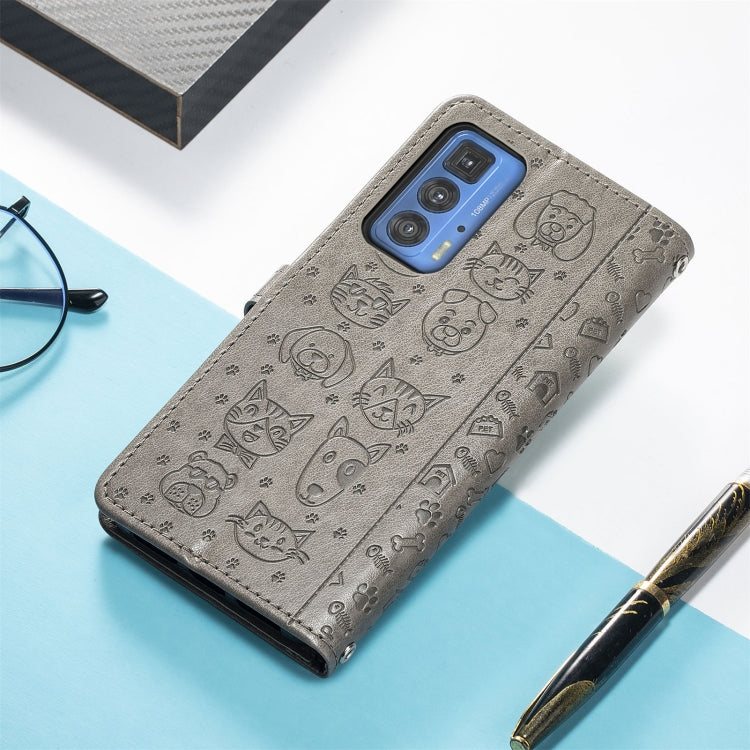 For Motorola Edge 20 Pro Lovely Cat and Dog Embossing Pattern Horizontal Flip Leather Case , with Holder & Card Slots & Wallet & Cartoon Clasp & Lanyard(Grey) - Motorola Cases by buy2fix | Online Shopping UK | buy2fix