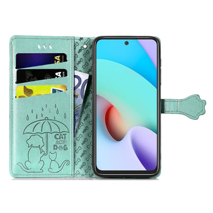 For Xiaomi Redmi 10 Lovely Cat and Dog Embossing Pattern Horizontal Flip Leather Case , with Holder & Card Slots & Wallet & Cartoon Clasp & Lanyard(Green) - Xiaomi Cases by buy2fix | Online Shopping UK | buy2fix