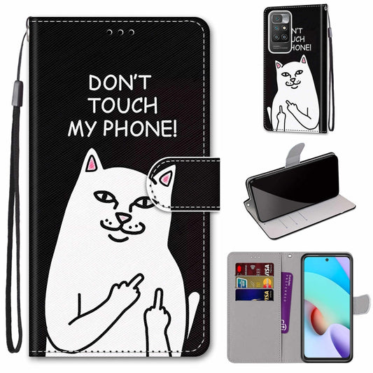 For Xiaomi Redmi 10 Coloured Drawing Cross Texture Horizontal Flip PU Leather Case with Holder & Card Slots & Wallet & Lanyard(Middle Finger White Cat) - Xiaomi Cases by buy2fix | Online Shopping UK | buy2fix