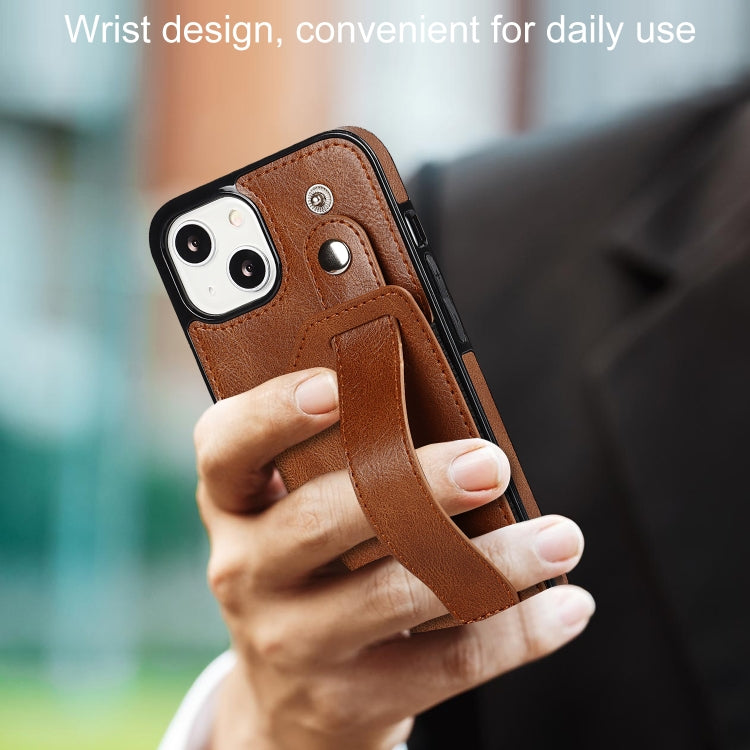 For iPhone 13 Crazy Horse Texture Shockproof TPU + PU Leather Case with Card Slot & Wrist Strap Holder(Brown) - iPhone 13 Cases by buy2fix | Online Shopping UK | buy2fix