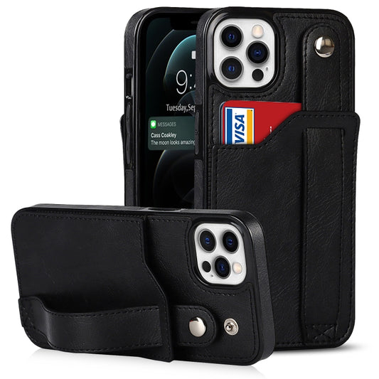 For iPhone 12 / 12 Pro Crazy Horse Texture Shockproof TPU + PU Leather Case with Card Slot & Wrist Strap Holder(Black) - iPhone 12 / 12 Pro Cases by buy2fix | Online Shopping UK | buy2fix