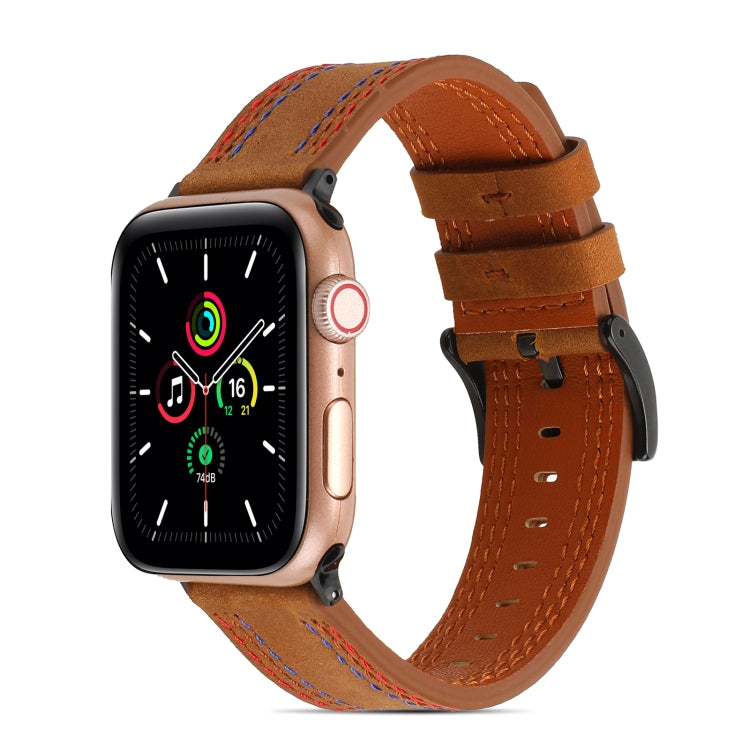 Sewing Matte Leather Watch Band for Apple Watch Series 9&8&7 41mm / SE 3&SE 2&6&SE&5&4 40mm / 3&2&1 38mm(Brown) - Watch Bands by buy2fix | Online Shopping UK | buy2fix