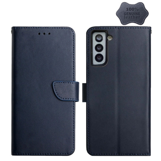 For Samsung Galaxy S21 FE 5G Genuine Leather Fingerprint-proof Horizontal Flip Phone Case(Blue) - Galaxy Phone Cases by buy2fix | Online Shopping UK | buy2fix