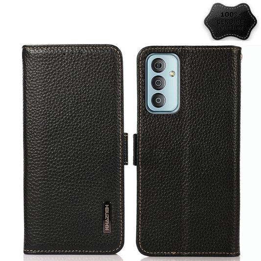 For Samsung Galaxy F23 / M23 KHAZNEH Side-Magnetic Litchi Genuine Leather RFID Phone Case(Black) - Galaxy Phone Cases by buy2fix | Online Shopping UK | buy2fix