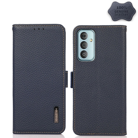 For Samsung Galaxy F23 / M23 KHAZNEH Side-Magnetic Litchi Genuine Leather RFID Phone Case(Blue) - Galaxy Phone Cases by buy2fix | Online Shopping UK | buy2fix