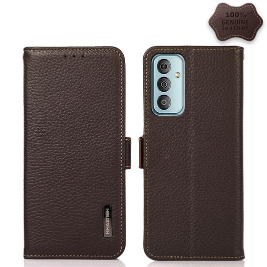 For Samsung Galaxy F23 / M23 KHAZNEH Side-Magnetic Litchi Genuine Leather RFID Phone Case(Brown) - Galaxy Phone Cases by buy2fix | Online Shopping UK | buy2fix