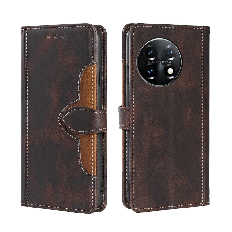 For OnePlus 11 Skin Feel Magnetic Buckle Leather Phone Case(Brown) - OnePlus Cases by buy2fix | Online Shopping UK | buy2fix