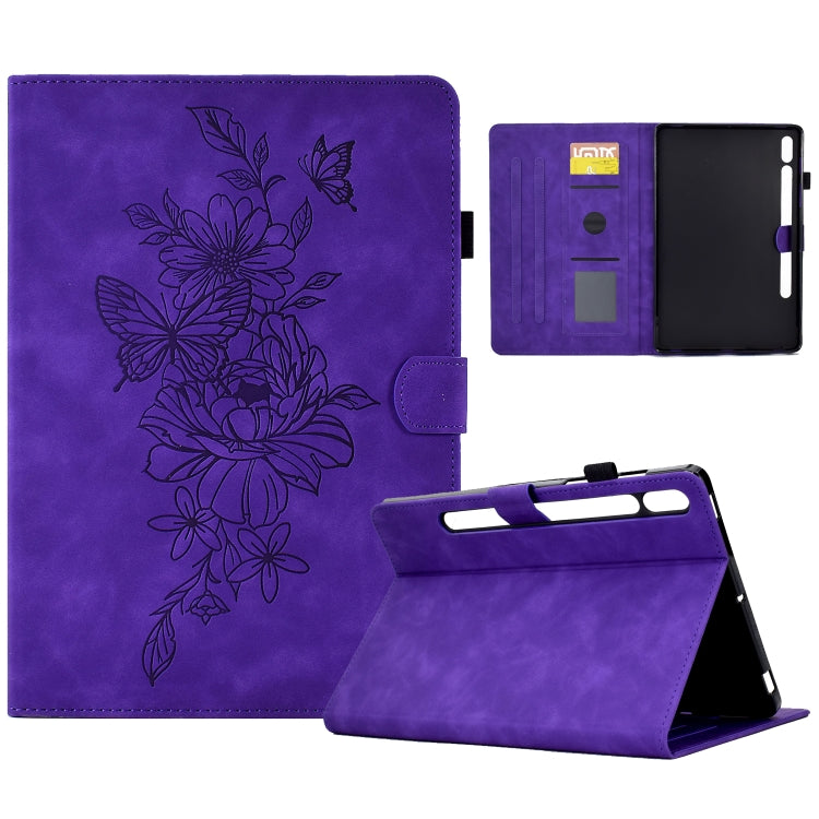 For Samsung Galaxy Tab S7 / S8 Peony Butterfly Embossed Leather Smart Tablet Case(Purple) - Galaxy Tab S7 by buy2fix | Online Shopping UK | buy2fix