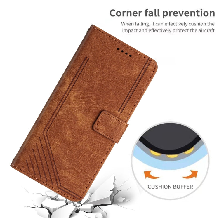 For OnePlus 11 Skin Feel Stripe Pattern Leather Phone Case with Lanyard(Brown) - OnePlus Cases by buy2fix | Online Shopping UK | buy2fix