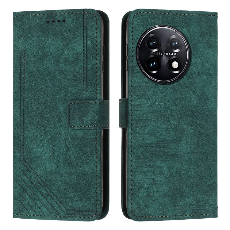 For OnePlus 11 Skin Feel Stripe Pattern Leather Phone Case with Lanyard(Green) - OnePlus Cases by buy2fix | Online Shopping UK | buy2fix