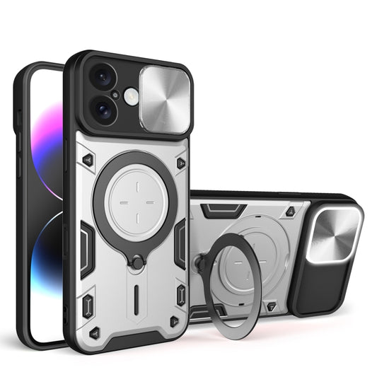 For iPhone 16 CD Texture Sliding Camshield Magnetic Holder Phone Case(Silver) - iPhone 16 Cases by buy2fix | Online Shopping UK | buy2fix