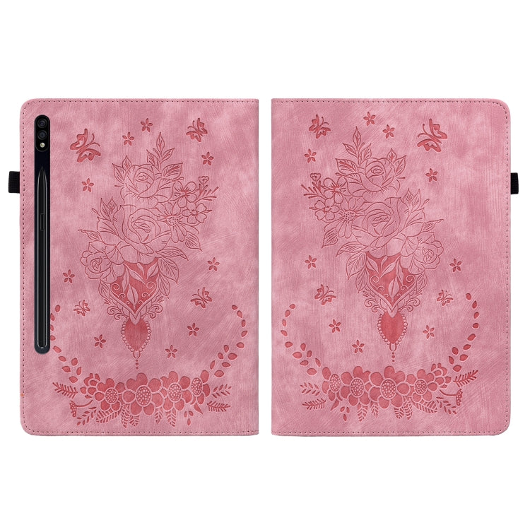 For Samsung Galaxy Tab S9+ Butterfly Rose Embossed Leather Tablet Case(Pink) - Galaxy Tab S9+ Cases by buy2fix | Online Shopping UK | buy2fix