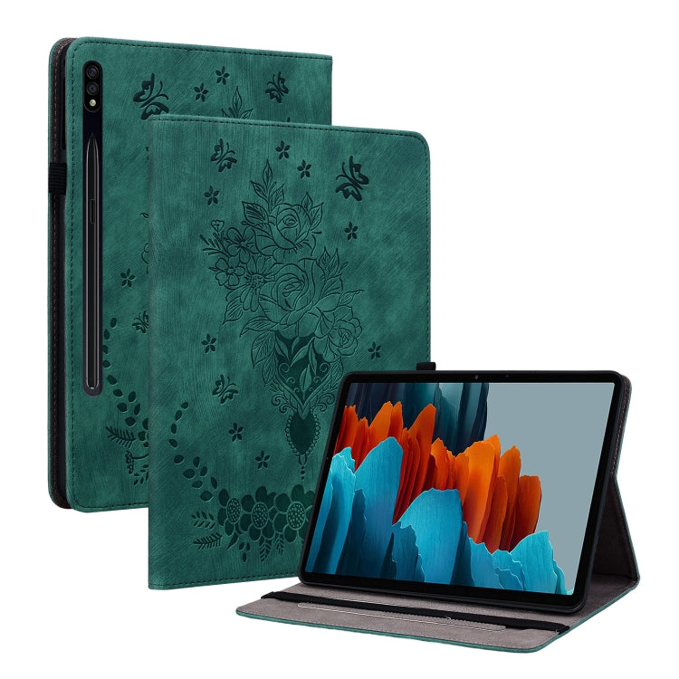 For Samsung Galaxy Tab S9+ Butterfly Rose Embossed Leather Tablet Case(Green) - Galaxy Tab S9+ Cases by buy2fix | Online Shopping UK | buy2fix