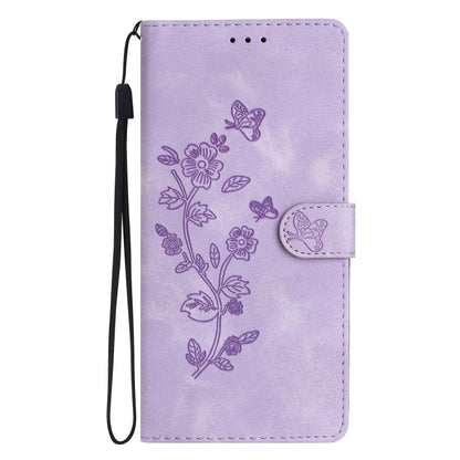 For iPhone 16 Plus Flower Butterfly Embossing Pattern Leather Phone Case(Purple) - iPhone 16 Plus Cases by buy2fix | Online Shopping UK | buy2fix