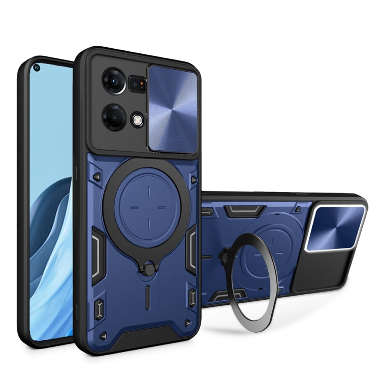 For OPPO Reno7 4G / F21 Pro 4G CD Texture Sliding Camshield Magnetic Holder Phone Case(Blue) - OPPO Cases by buy2fix | Online Shopping UK | buy2fix