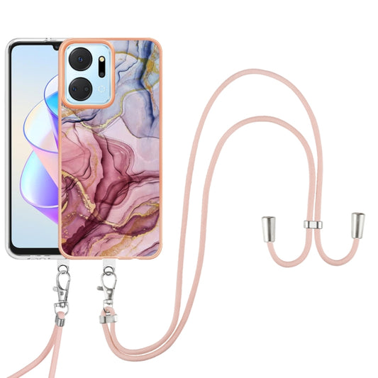For Honor X7a Electroplating Marble Dual-side IMD Phone Case with Lanyard(Rose Red 014) - Honor Cases by buy2fix | Online Shopping UK | buy2fix