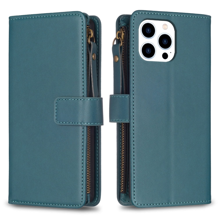 For iPhone 16 Pro Max 9 Card Slots Zipper Wallet Leather Flip Phone Case(Green) - iPhone 16 Pro Max Cases by buy2fix | Online Shopping UK | buy2fix