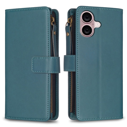 For iPhone 16 9 Card Slots Zipper Wallet Leather Flip Phone Case(Green) - iPhone 16 Cases by buy2fix | Online Shopping UK | buy2fix