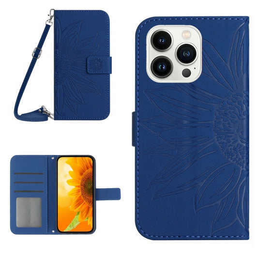 For iPhone 16 Pro Max Skin Feel Sun Flower Embossed Flip Leather Phone Case with Lanyard(Dark Blue) - iPhone 16 Pro Max Cases by buy2fix | Online Shopping UK | buy2fix