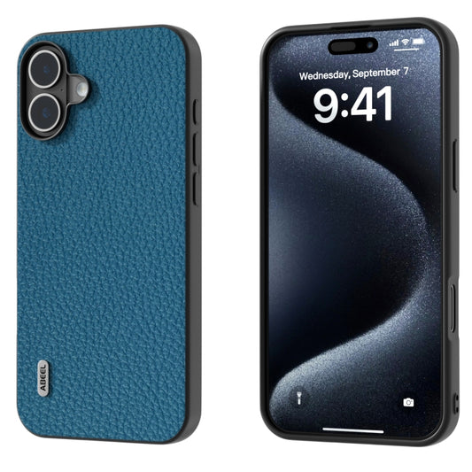 For iPhone 16 ABEEL Genuine Leather Litchi Texture Phone Case(Blue) - iPhone 16 Cases by buy2fix | Online Shopping UK | buy2fix