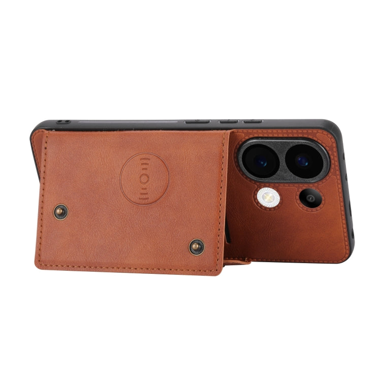 For Xiaomi Redmi Note 13 4G Global Double Buckle Card Slots Magnetic Phone Case(Brown) - Note 13 Cases by buy2fix | Online Shopping UK | buy2fix