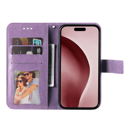 For iPhone 16 Pro 7-petal Flowers Embossing Leather Phone Case(Light Purple) - iPhone 16 Pro Cases by buy2fix | Online Shopping UK | buy2fix