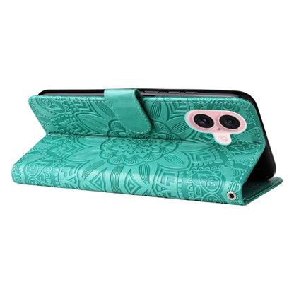 For iPhone 16 Embossed Sunflower Leather Phone Case(Green) - iPhone 16 Cases by buy2fix | Online Shopping UK | buy2fix