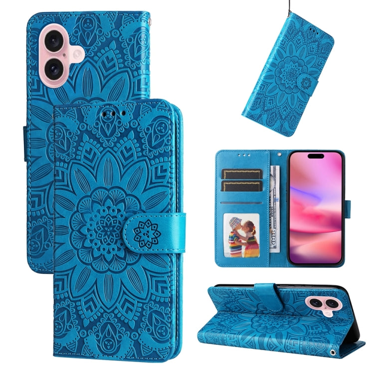 For iPhone 16 Embossed Sunflower Leather Phone Case(Blue) - iPhone 16 Cases by buy2fix | Online Shopping UK | buy2fix