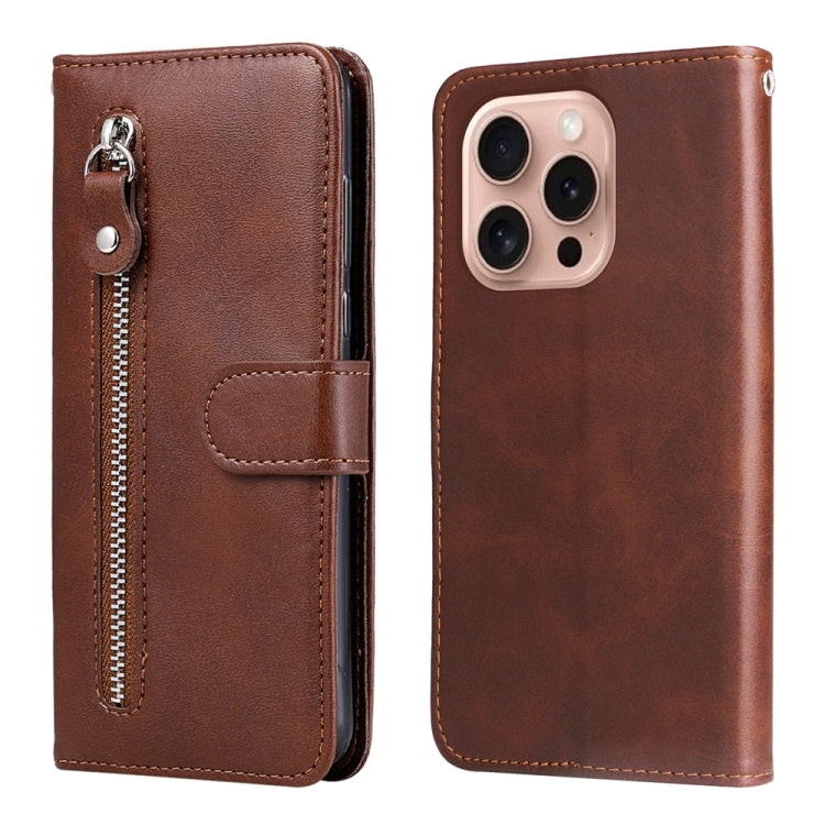 For iPhone 16 Pro Fashion Calf Texture Zipper Leather Phone Case(Brown) - iPhone 16 Pro Cases by buy2fix | Online Shopping UK | buy2fix