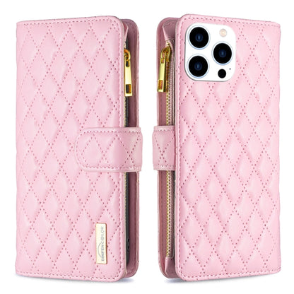 For iPhone 16 Pro Max Diamond Lattice Zipper Wallet Leather Flip Phone Case(Pink) - iPhone 16 Pro Max Cases by buy2fix | Online Shopping UK | buy2fix