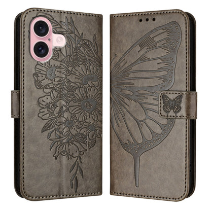 For iPhone 16 Embossed Butterfly Leather Phone Case(Grey) - iPhone 16 Cases by buy2fix | Online Shopping UK | buy2fix