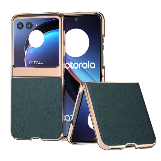 For Motorola Razr 40 Ultra Nano Plating Genuine Leather Luolai Series Phone Case(Dark Green) - Motorola Cases by buy2fix | Online Shopping UK | buy2fix