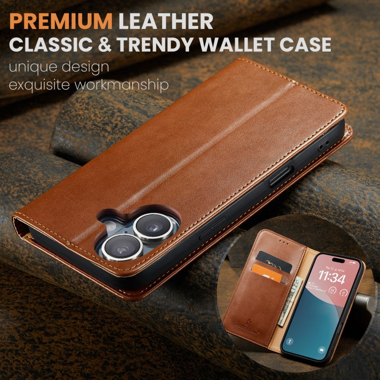 For iPhone 16 Plus Fierre Shann PU Genuine Leather Texture Phone Case(Brown) - iPhone 16 Plus Cases by FIERRE SHANN | Online Shopping UK | buy2fix