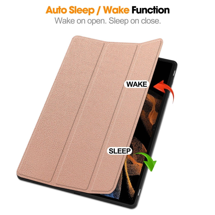 For Samsung Galaxy Tab S9 Ultra 3-Fold Pure Color TPU Smart Leather Tablet Case with Pen Slot(Rose Gold) - Galaxy Tab S9 Ultra Cases by buy2fix | Online Shopping UK | buy2fix