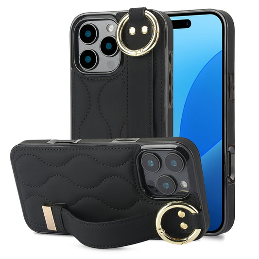 For iPhone 16 Pro Non-slip Full Coverage Ring PU Phone Case with Wristband(Black) - iPhone 16 Pro Cases by buy2fix | Online Shopping UK | buy2fix