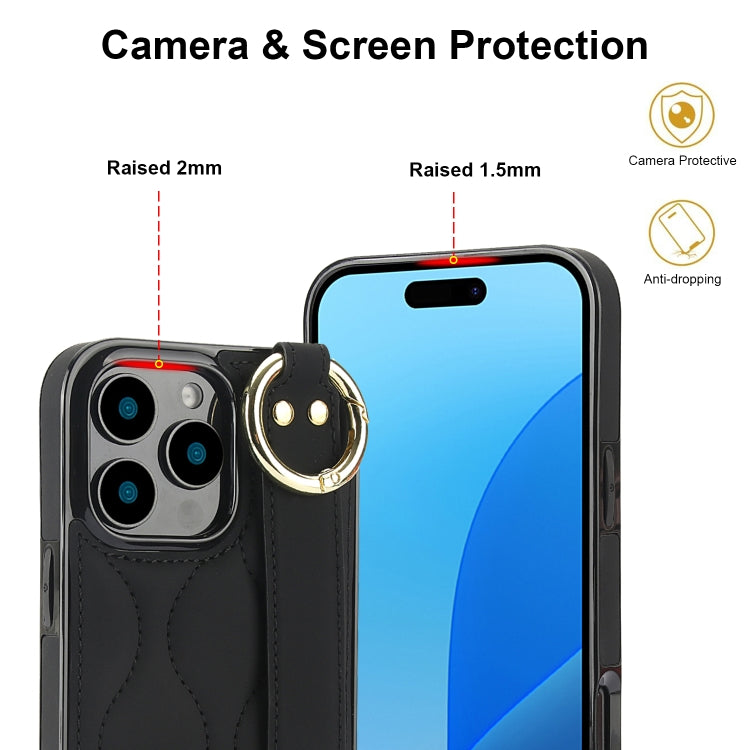 For iPhone 16 Pro Non-slip Full Coverage Ring PU Phone Case with Wristband(Black) - iPhone 16 Pro Cases by buy2fix | Online Shopping UK | buy2fix