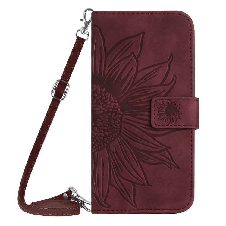 For Motorola Moto G Play 5G 2024 HT04 Skin Feel Sun Flower Embossed Flip Leather Phone Case with Lanyard(Wine Red) - Motorola Cases by buy2fix | Online Shopping UK | buy2fix