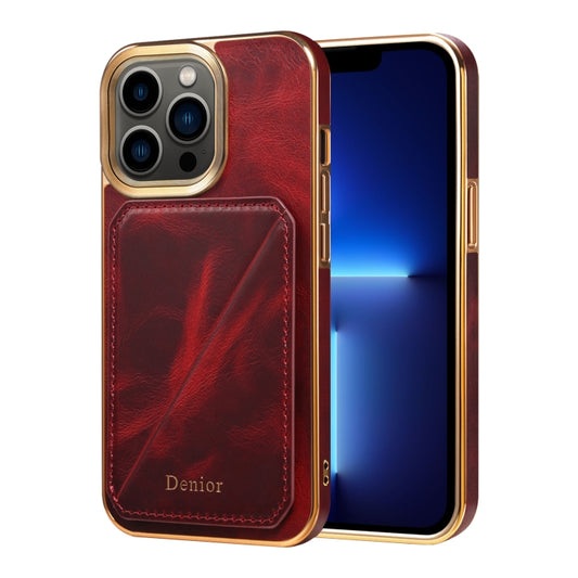 For iPhone 13 Pro Denior Oil Wax Leather Electroplating Card Slot Holder Phone Case(Red) - iPhone 13 Pro Cases by Denior | Online Shopping UK | buy2fix