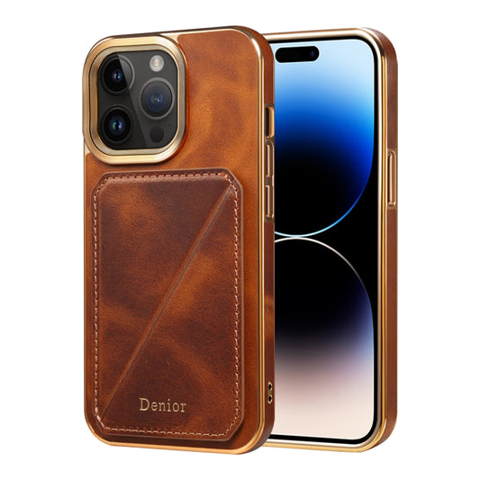 For iPhone 14 Pro Denior Oil Wax Leather Electroplating Card Slot Holder Phone Case(Brown) - iPhone 14 Pro Cases by Denior | Online Shopping UK | buy2fix