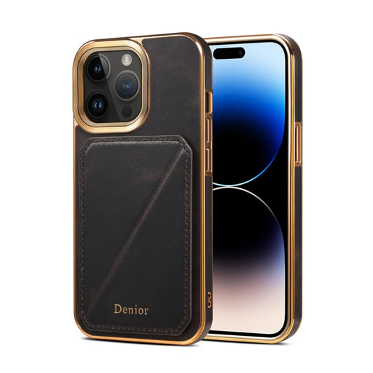 For iPhone 15 Pro Denior Oil Wax Leather Electroplating Card Slot Holder Phone Case(Black) - iPhone 15 Pro Cases by Denior | Online Shopping UK | buy2fix