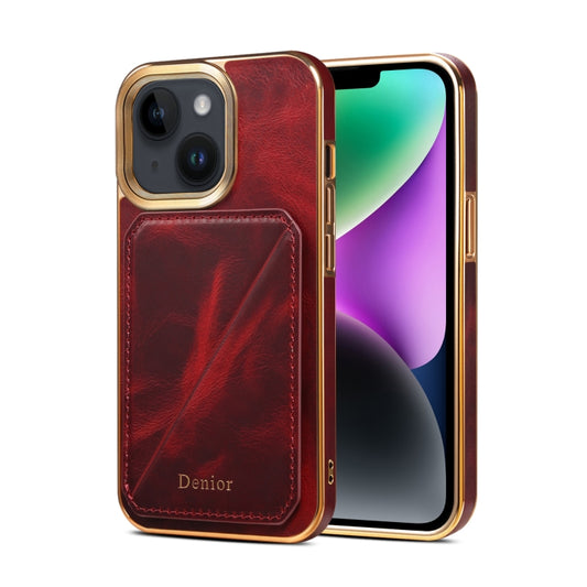 For iPhone 15 Denior Oil Wax Leather Electroplating Card Slot Holder Phone Case(Red) - iPhone 15 Cases by Denior | Online Shopping UK | buy2fix